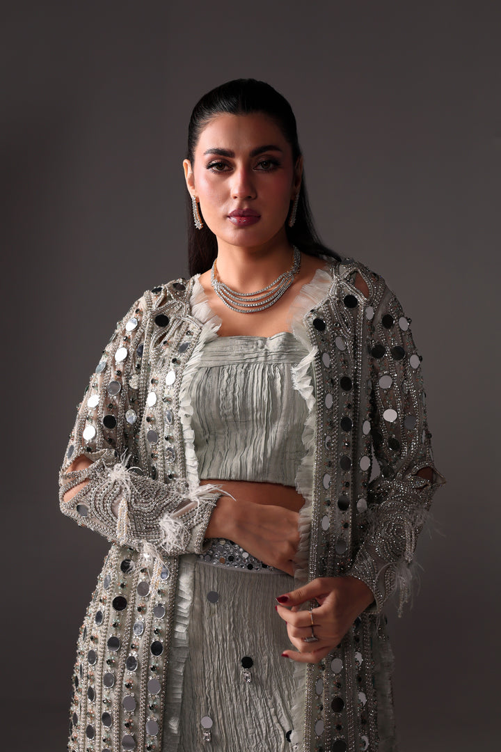 Reema Ahsan - Aveen Net & Crushed Silk Jacket Dress For Women Green - 3 Piece