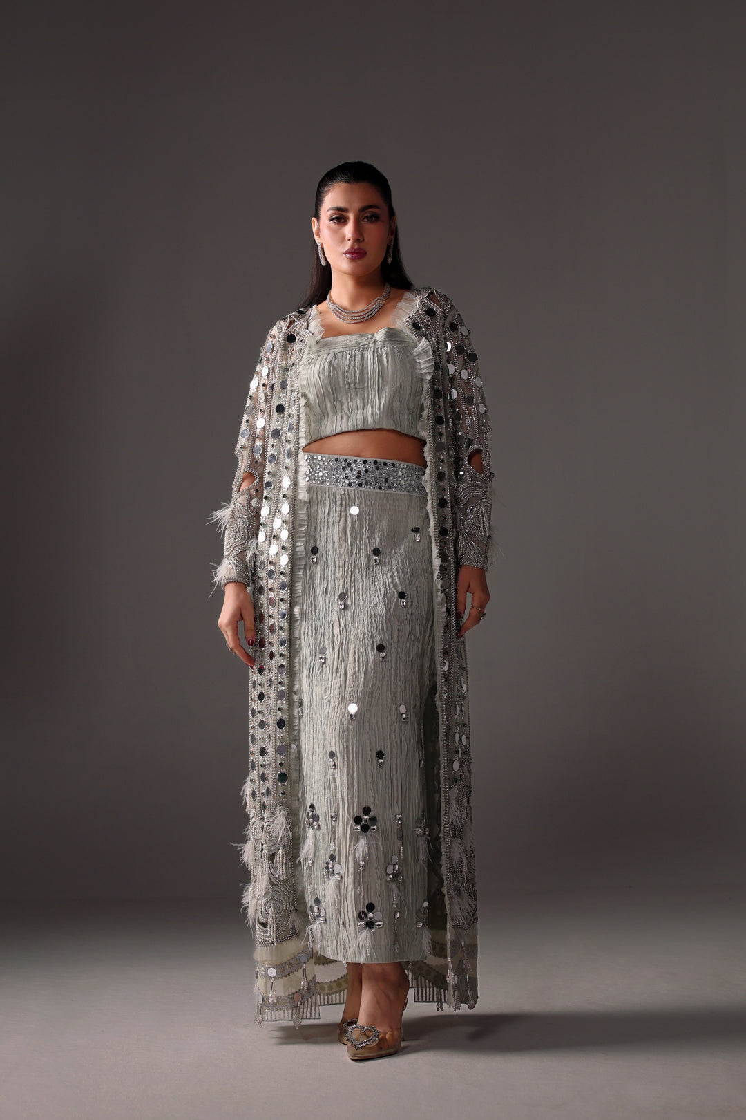 Reema Ahsan - Aveen Net & Crushed Silk Jacket Dress For Women Green - 3 Piece