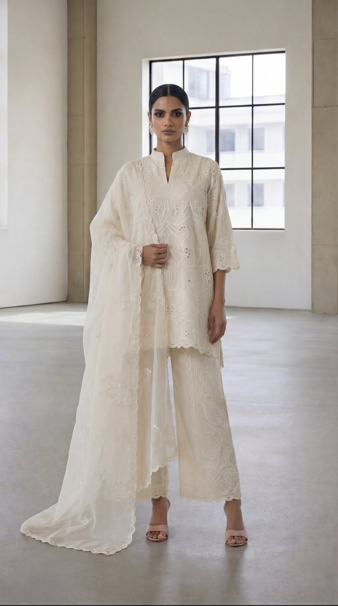 Reema Ahsan - Ayra Khadi Silk Suit For Women - Ivory - 3 Piece