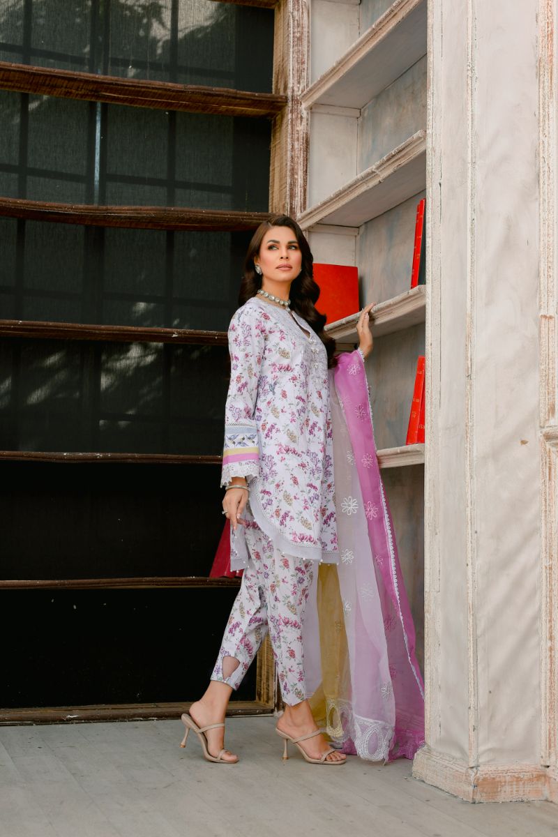 Reema Ahsan - Camellia - Lawn & Organza - Grey - 3 Piece