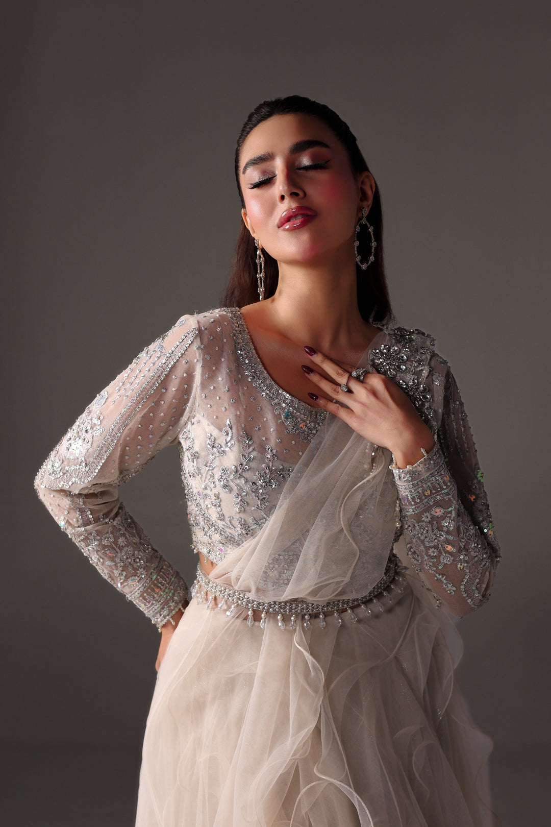 Reema Ahsan - Emily Net Lehenga Choli For Women - White - 2 Piece