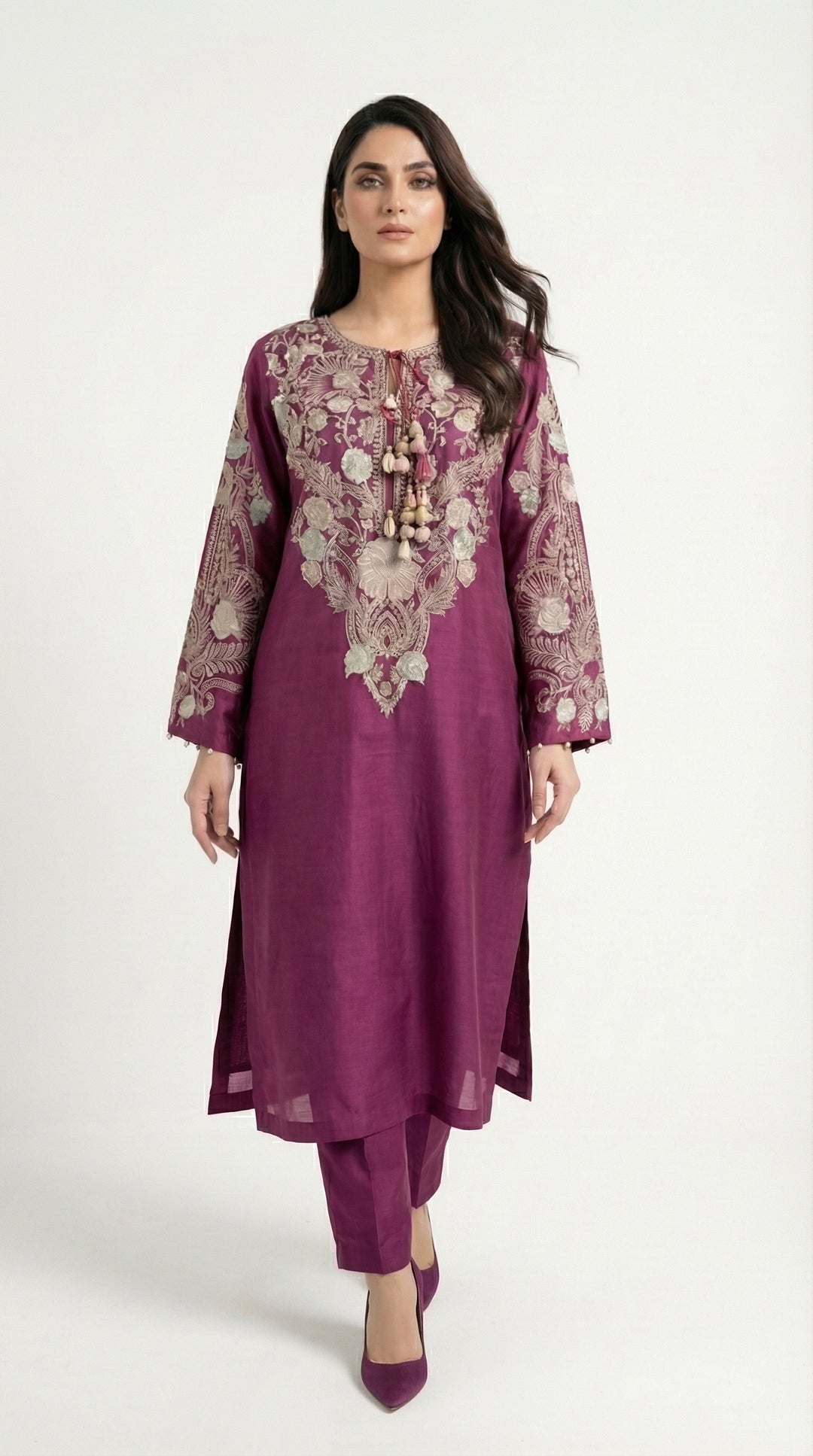 Reema Ahsan - Emira Khadi Silk Suit For Women - Plum - 2 Piece