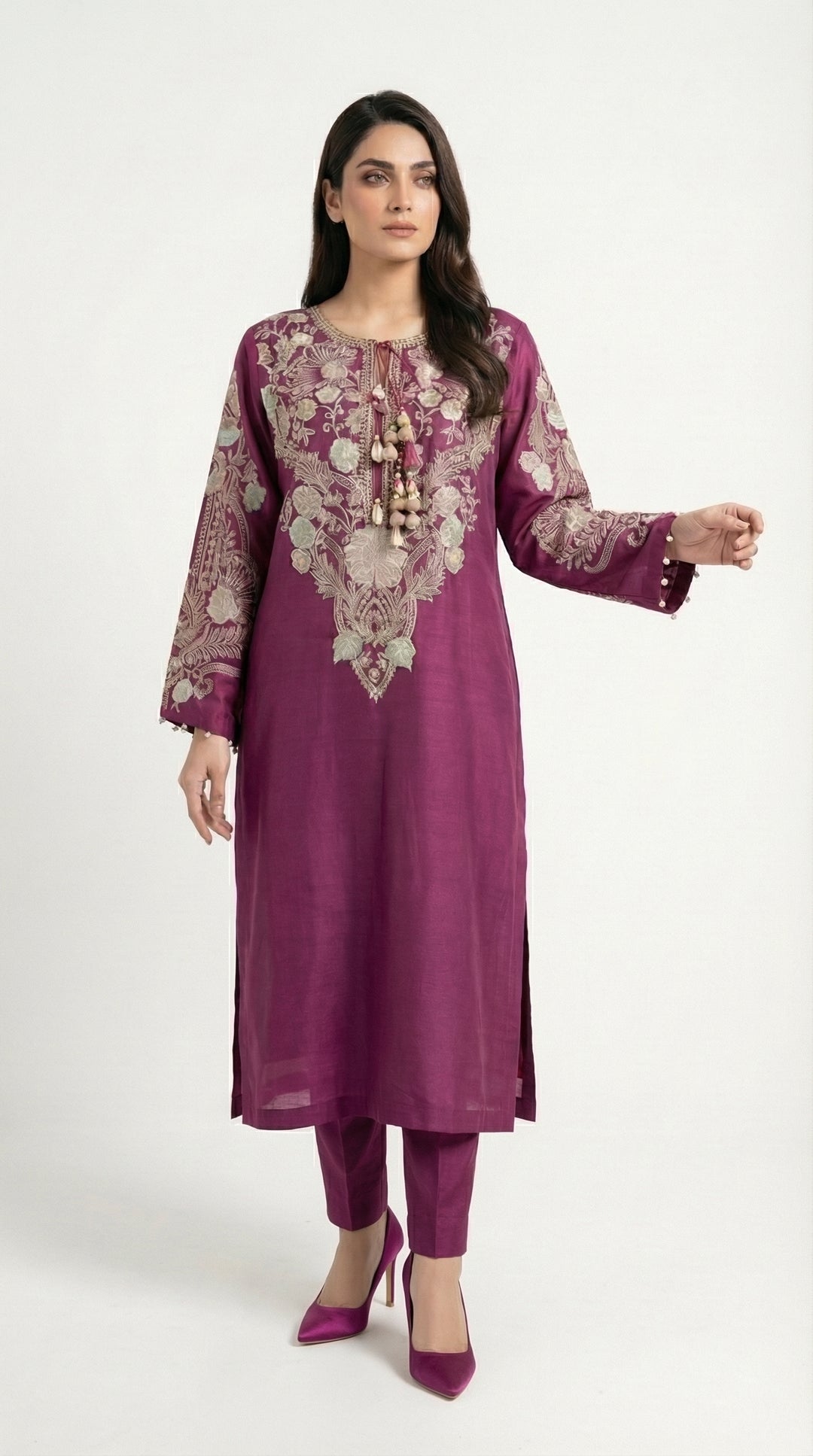 Reema Ahsan - Emira Khadi Silk Suit For Women - Plum - 2 Piece