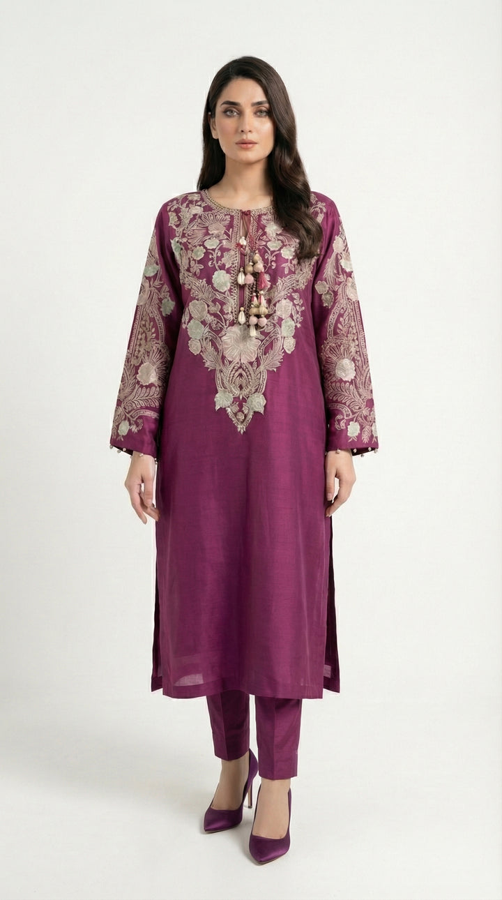 Reema Ahsan - Emira Khadi Silk Suit For Women - Plum - 2 Piece