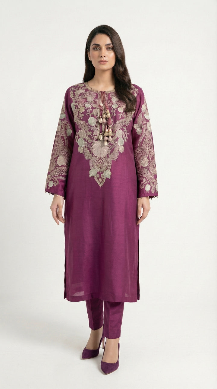 Reema Ahsan - Emira Khadi Silk Suit For Women - Plum - 2 Piece