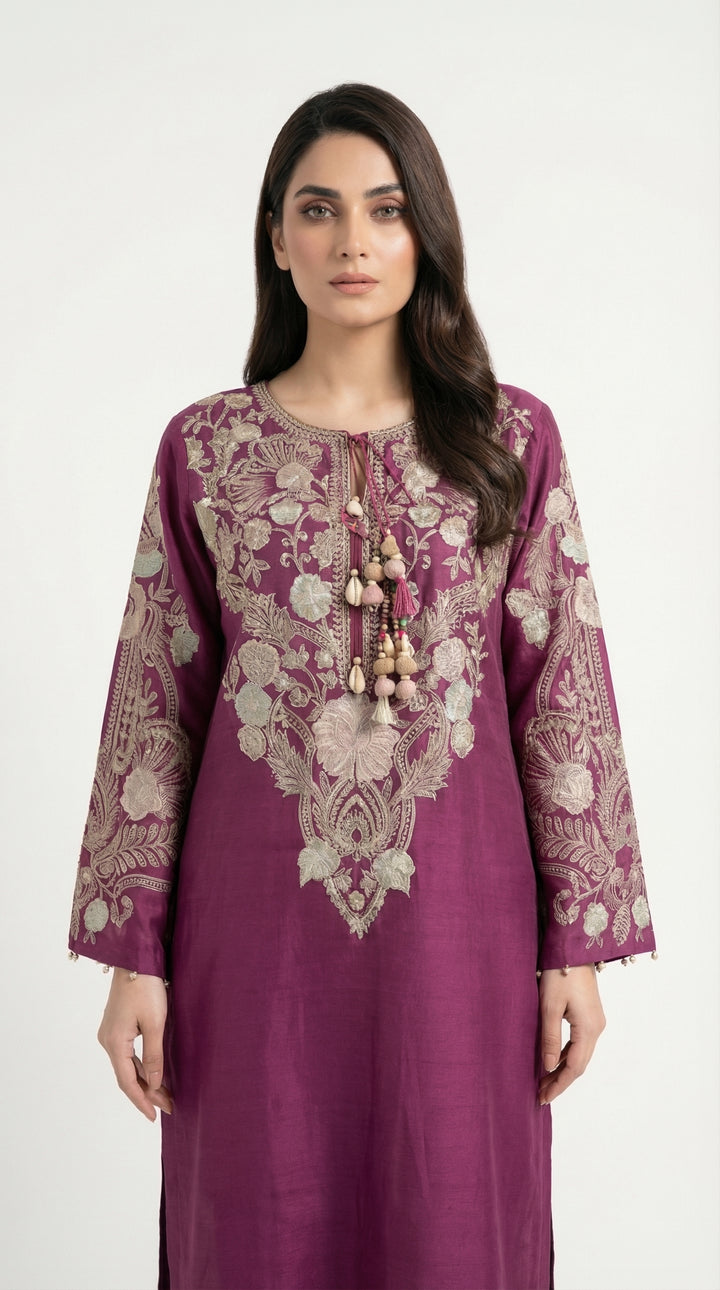 Reema Ahsan - Emira Khadi Silk Suit For Women - Plum - 2 Piece