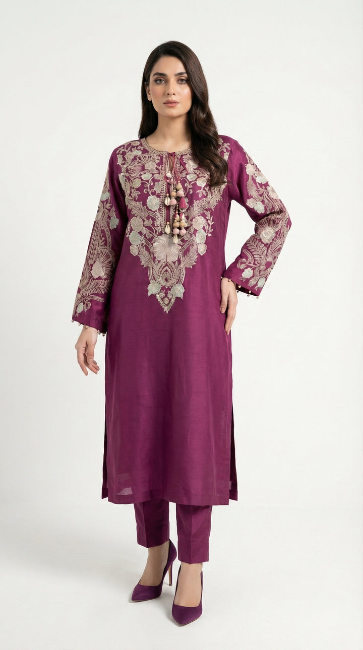 Reema Ahsan - Emira Khadi Silk Suit For Women - Plum - 2 Piece