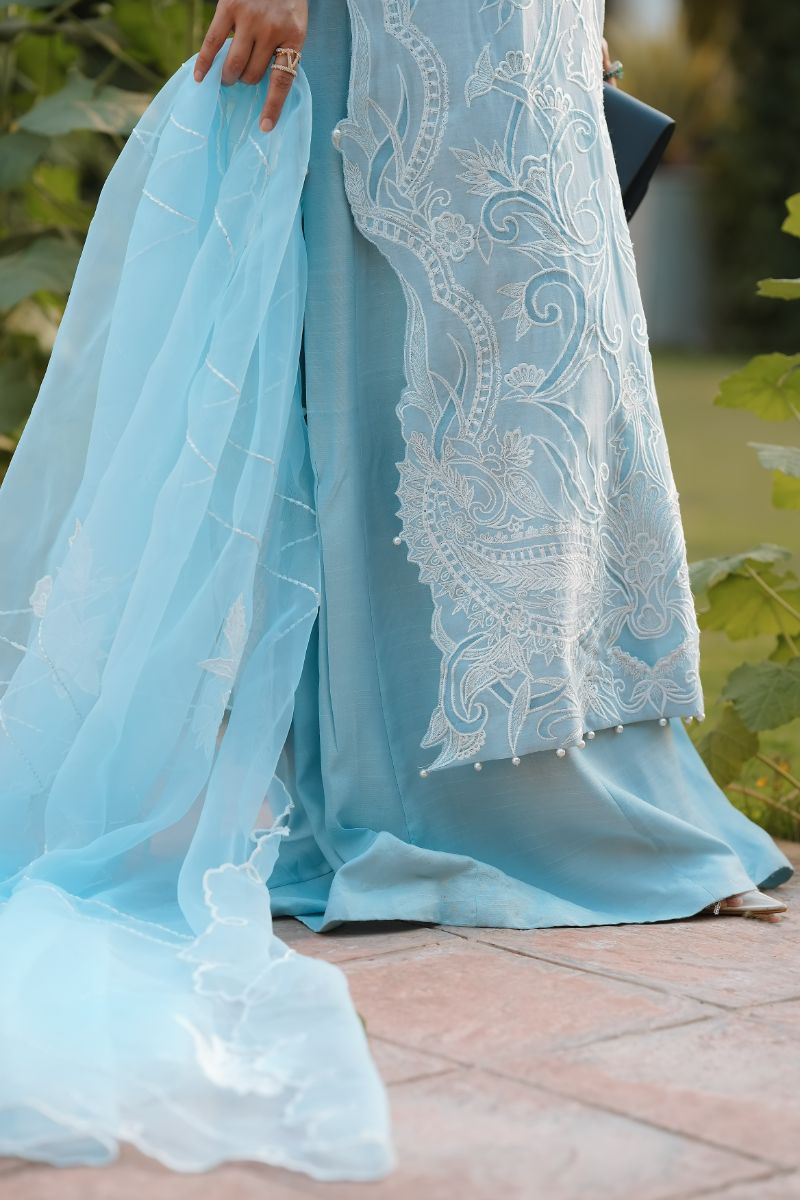 Reema Ahsan - Faya - Kora Cotton & Raw Silk with Organza - Ice Blue - 3 Piece
