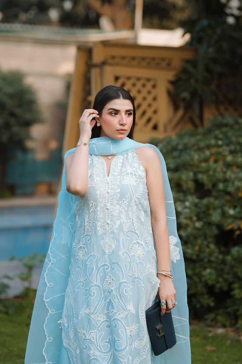 Reema Ahsan - Faya - Kora Cotton & Raw Silk with Organza - Ice Blue - 3 Piece