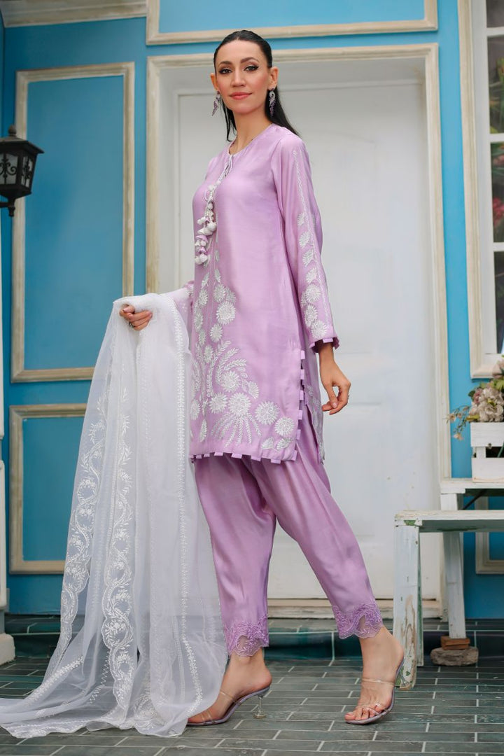 Reema Ahsan - Haya - Khadi Silk & Organza - Lilac & White - 3 Piece