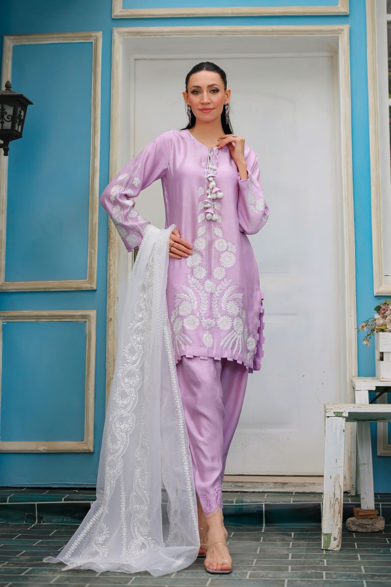 Reema Ahsan - Haya - Khadi Silk & Organza - Lilac & White - 3 Piece