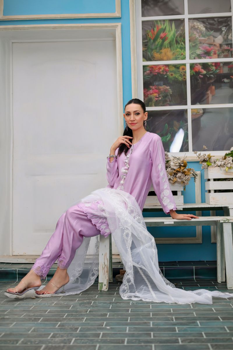 Reema Ahsan - Haya - Khadi Silk & Organza - Lilac & White - 3 Piece