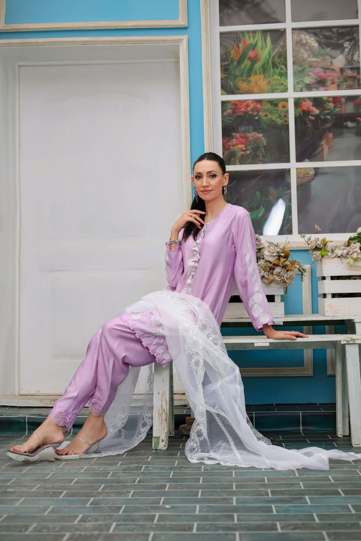 Reema Ahsan - Haya - Khadi Silk & Organza - Lilac & White - 3 Piece
