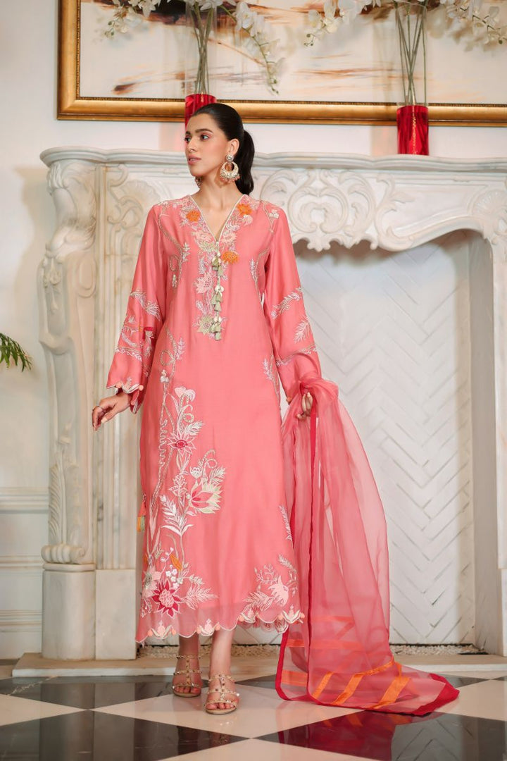 Reema Ahsan - Kawal - Carrot Pink - Kora Cotton & Organza - 3 Piece