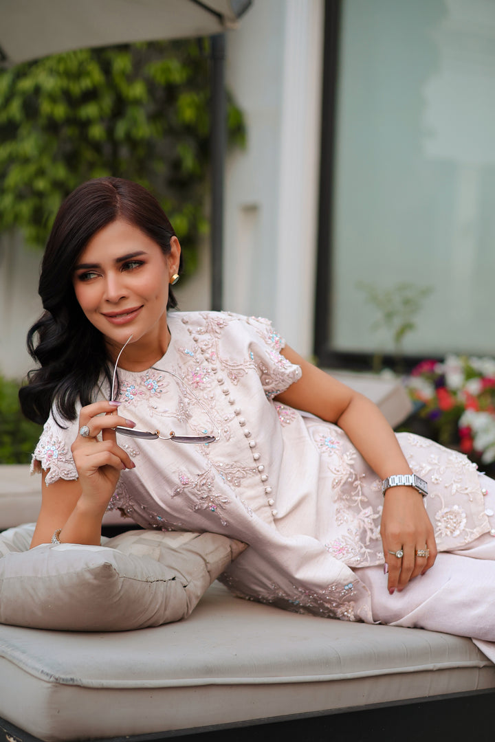 Reema Ahsan - Lyra Raw Silk Suit For Women - Ivory - 2 Piece