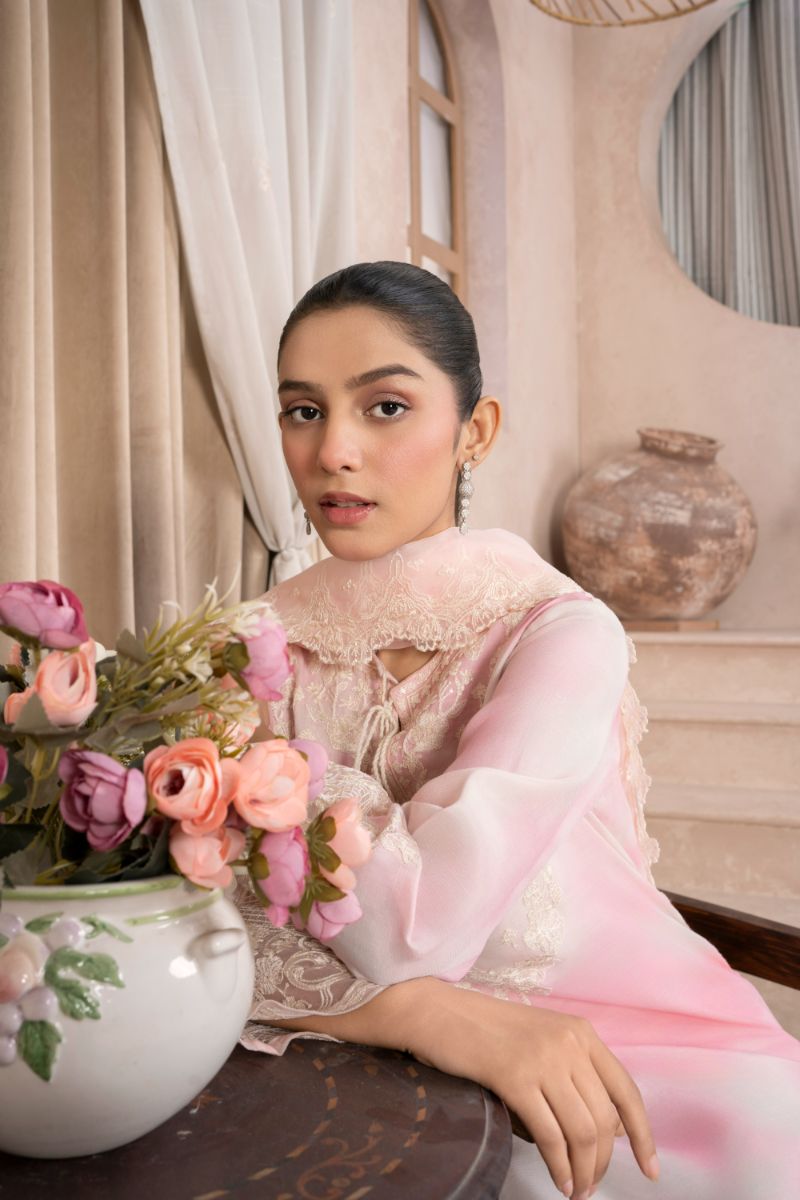 Reema Ahsan - Minna - Pk, Raw silk & Organza - Pink & white - 3 Piece
