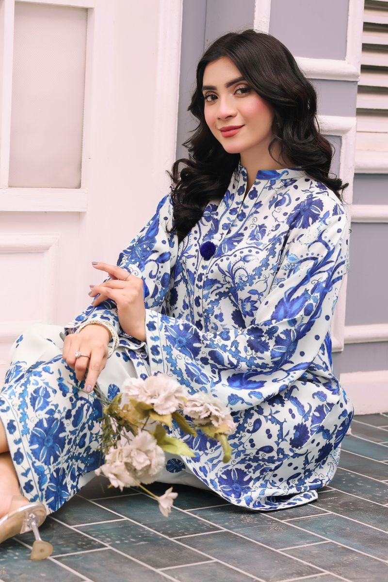 Reema Ahsan - Misha - PK Raw Silk - White & Blue - 2 Piece