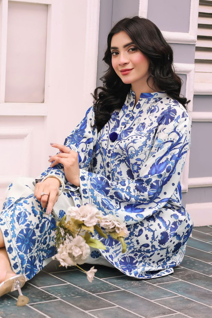 Reema Ahsan - Misha - PK Raw Silk - White & Blue - 2 Piece