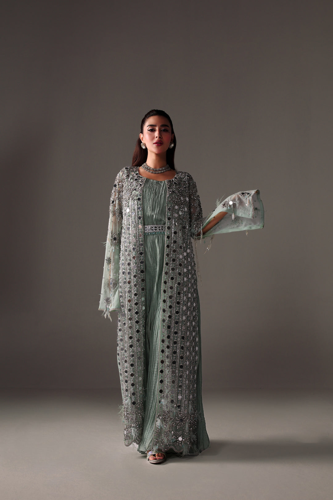 Reema Ahsan - Monisa Net & Crushed Silk Jump Suit For Women - Light Green - 2 Piece