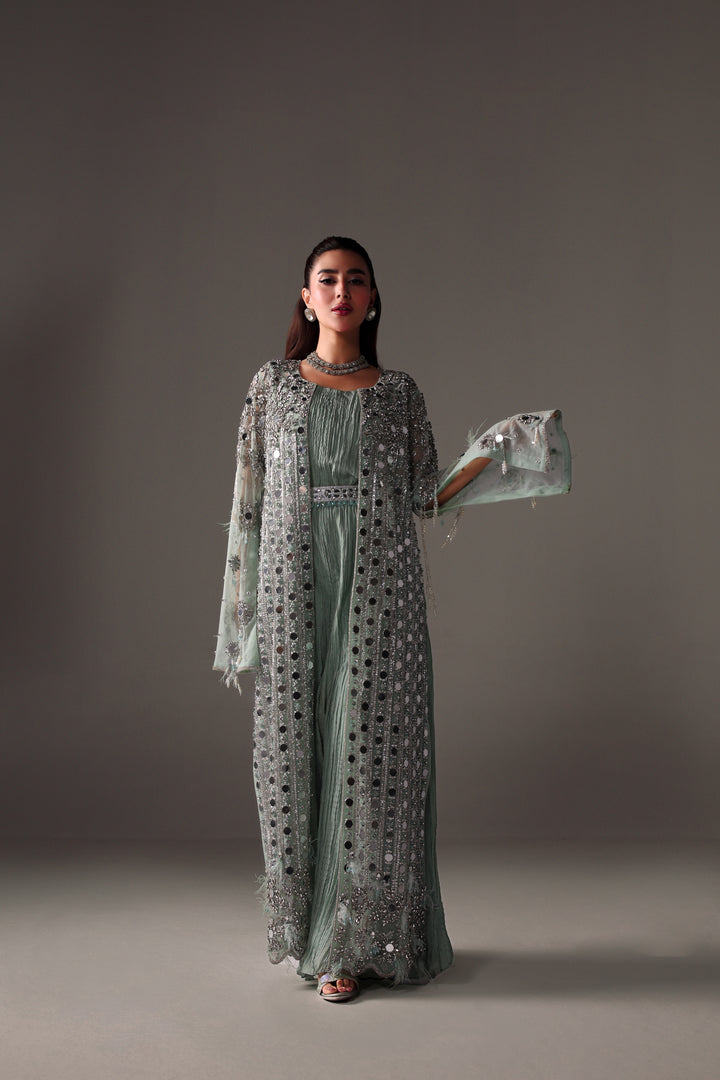 Reema Ahsan - Monisa Net & Crushed Silk Jump Suit For Women - Light Green - 2 Piece
