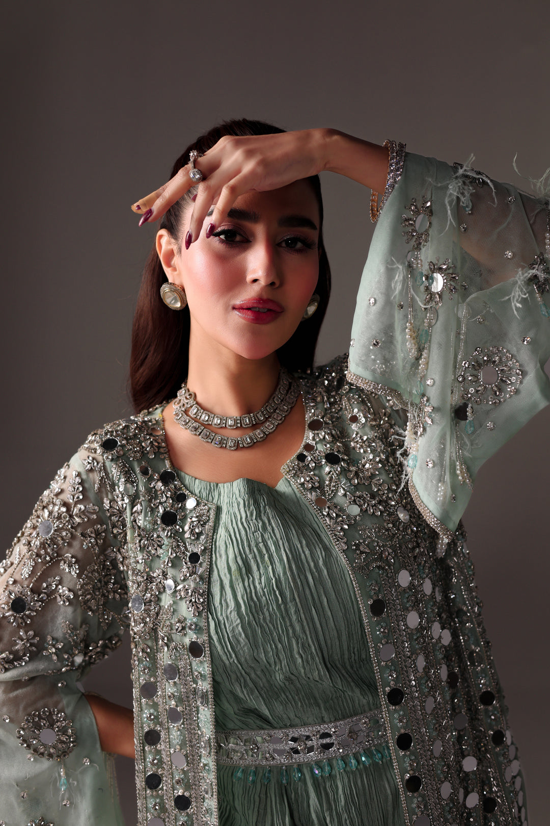 Reema Ahsan - Monisa Net & Crushed Silk Jump Suit For Women - Light Green - 2 Piece