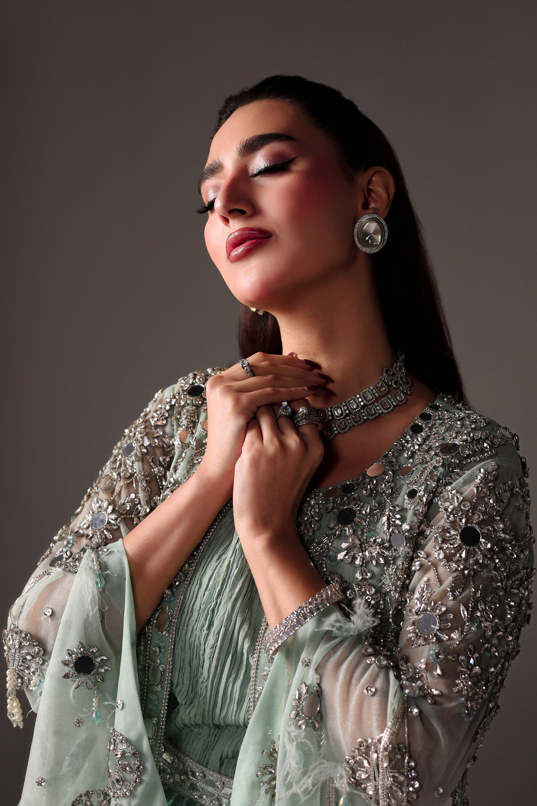 Reema Ahsan - Monisa Net & Crushed Silk Jump Suit For Women - Light Green - 2 Piece