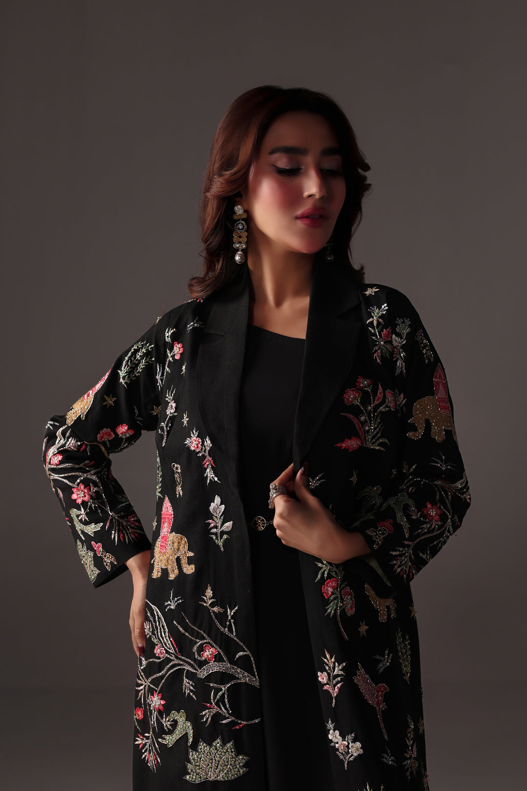 Reema Ahsan - Nera Rawsilk Jacket Dress For Women - Black - 2 Piece