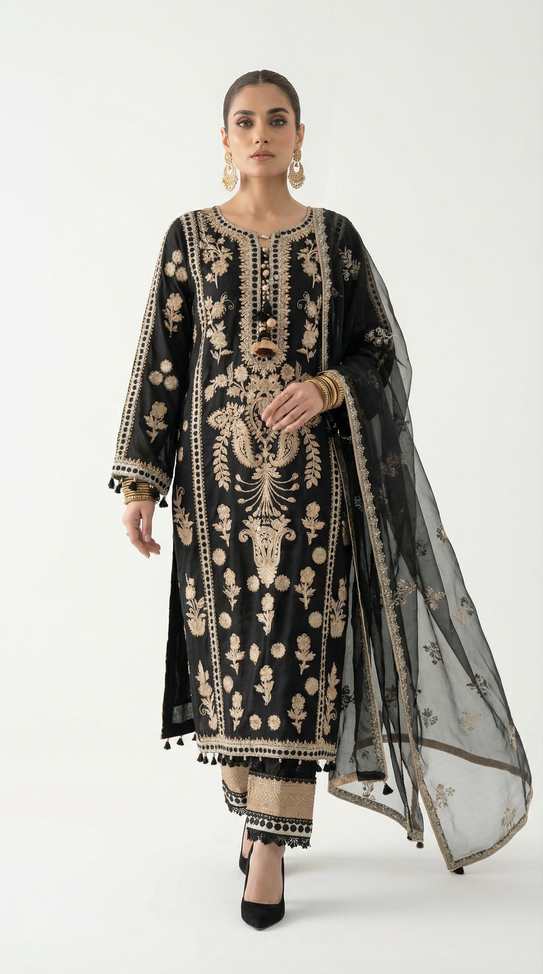 Reema Ahsan - Nivah Khadi Silk Suit For Women - Black and Skin - 3 Piece