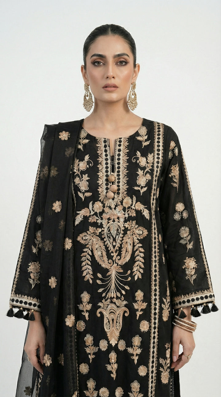 Reema Ahsan - Nivah Khadi Silk Suit For Women - Black and Skin - 3 Piece