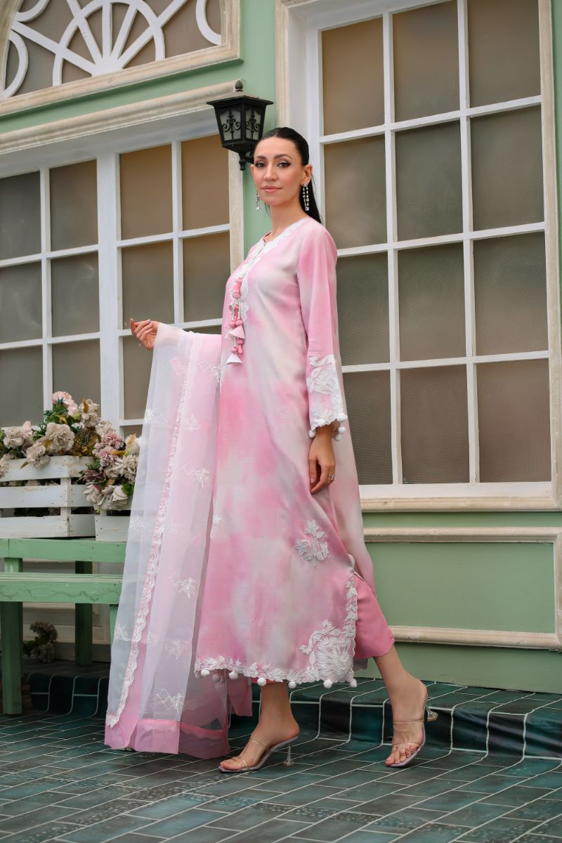 Reema Ahsan - Nuria - PK Raw Silk & Organza - Pink & White - 3 Piece