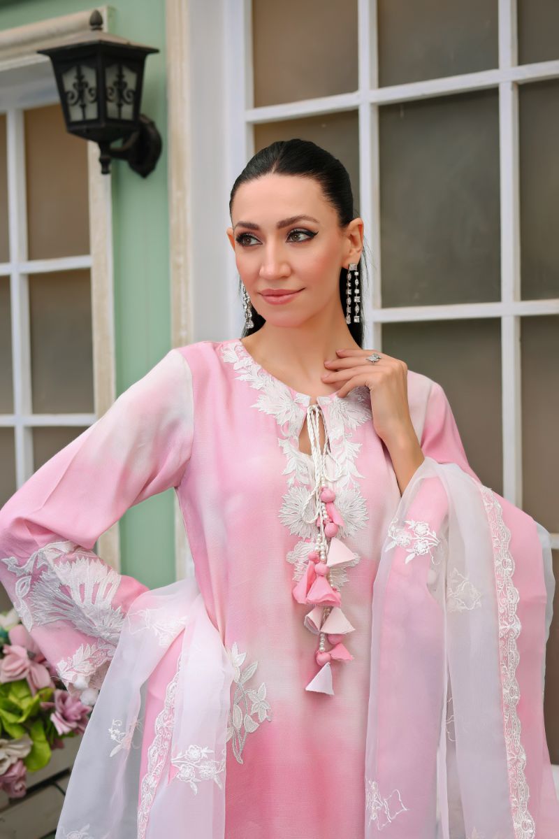 Reema Ahsan - Nuria - PK Raw Silk & Organza - Pink & White - 3 Piece