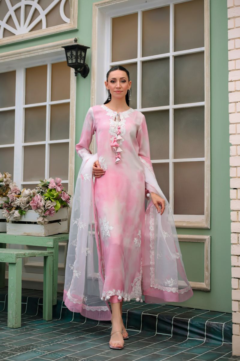 Reema Ahsan - Nuria - PK Raw Silk & Organza - Pink & White - 3 Piece