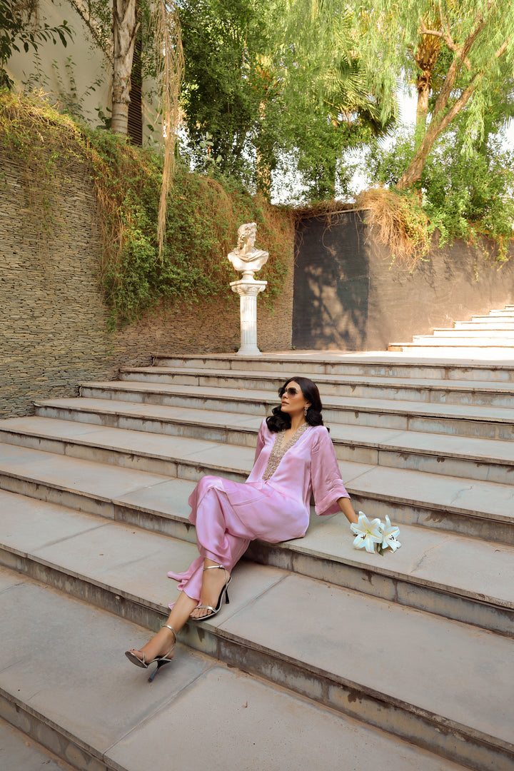 Reema Ahsan - Nyra Shamoz Silk Suit For Women - Light Pink - 3 Piece