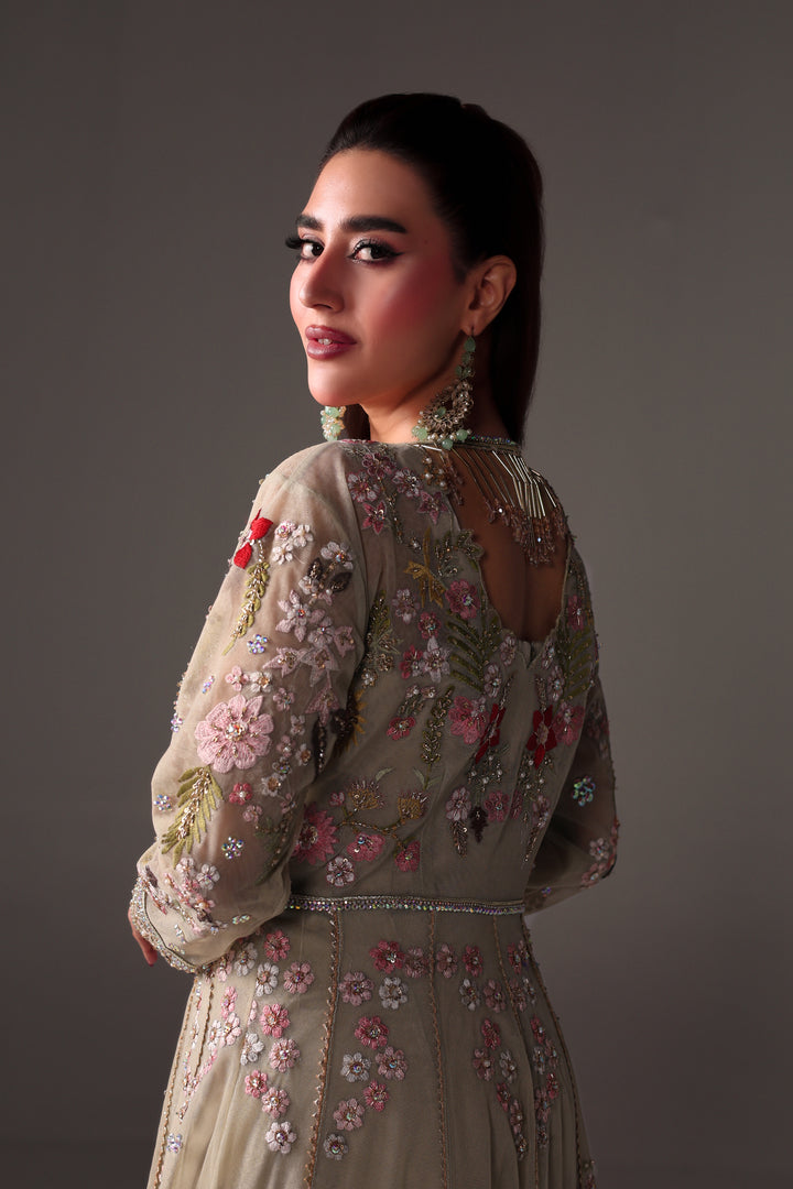 Reema Ahsan - Reva Net & Silk Jacket Dress For Women Green - 2 Piece