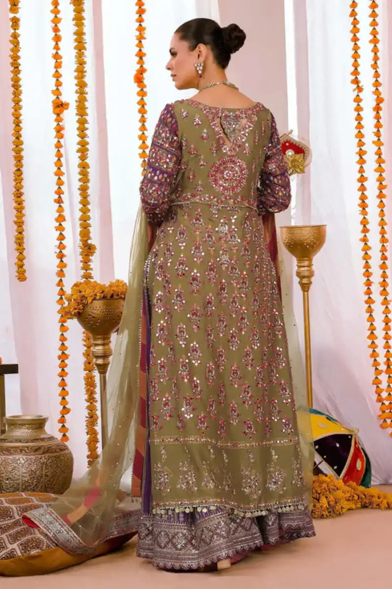 Reema Ahsan - Simran - Raw silk & Mukesh - Olive green & Purple - 3 Piece