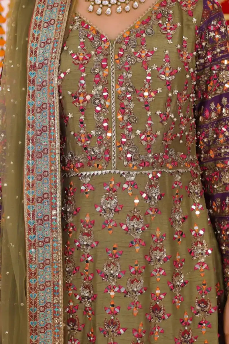 Reema Ahsan - Simran - Raw silk & Mukesh - Olive green & Purple - 3 Piece