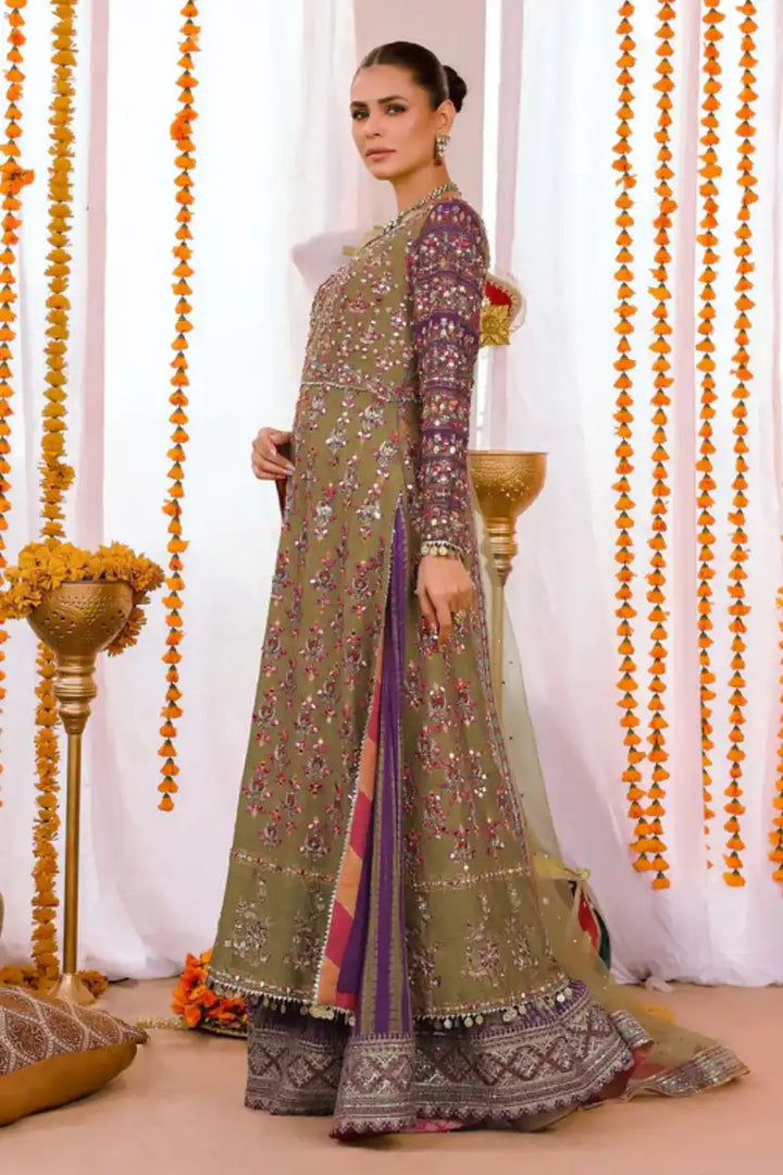 Reema Ahsan - Simran - Raw silk & Mukesh - Olive green & Purple - 3 Piece
