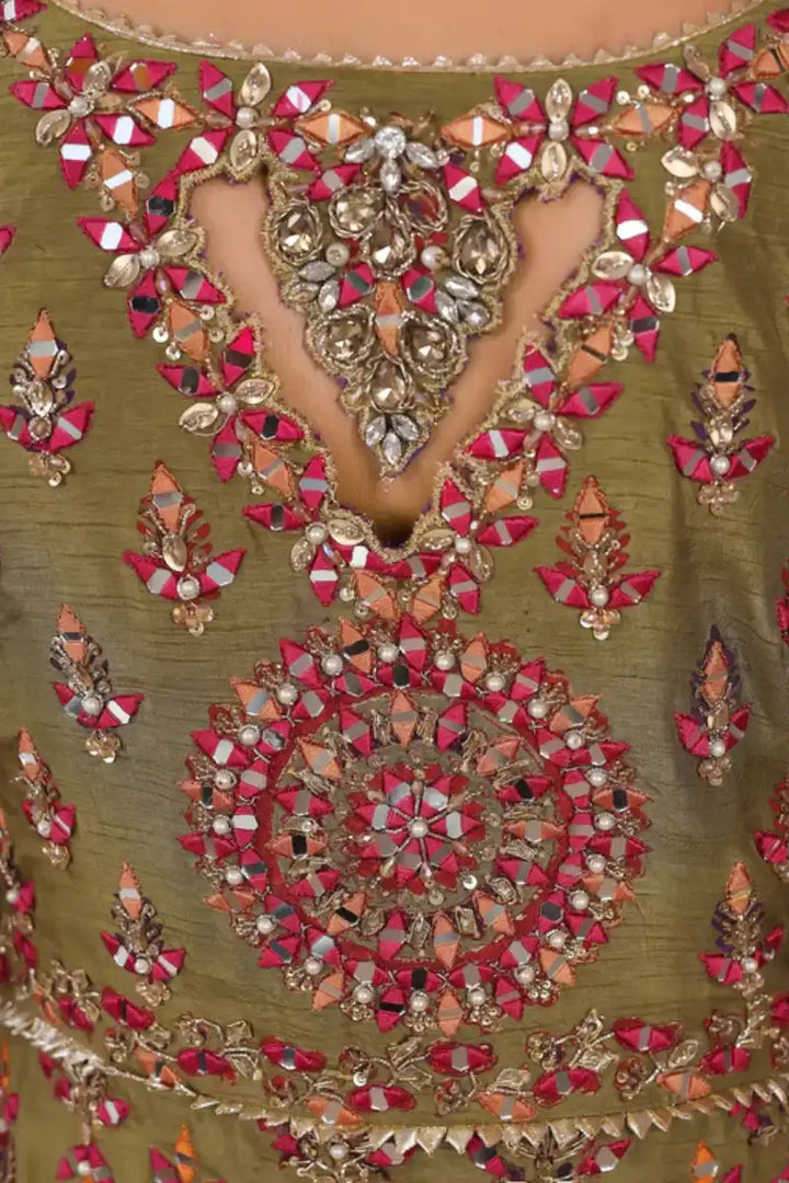 Reema Ahsan - Simran - Raw silk & Mukesh - Olive green & Purple - 3 Piece