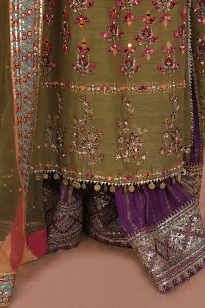 Reema Ahsan - Simran - Raw silk & Mukesh - Olive green & Purple - 3 Piece