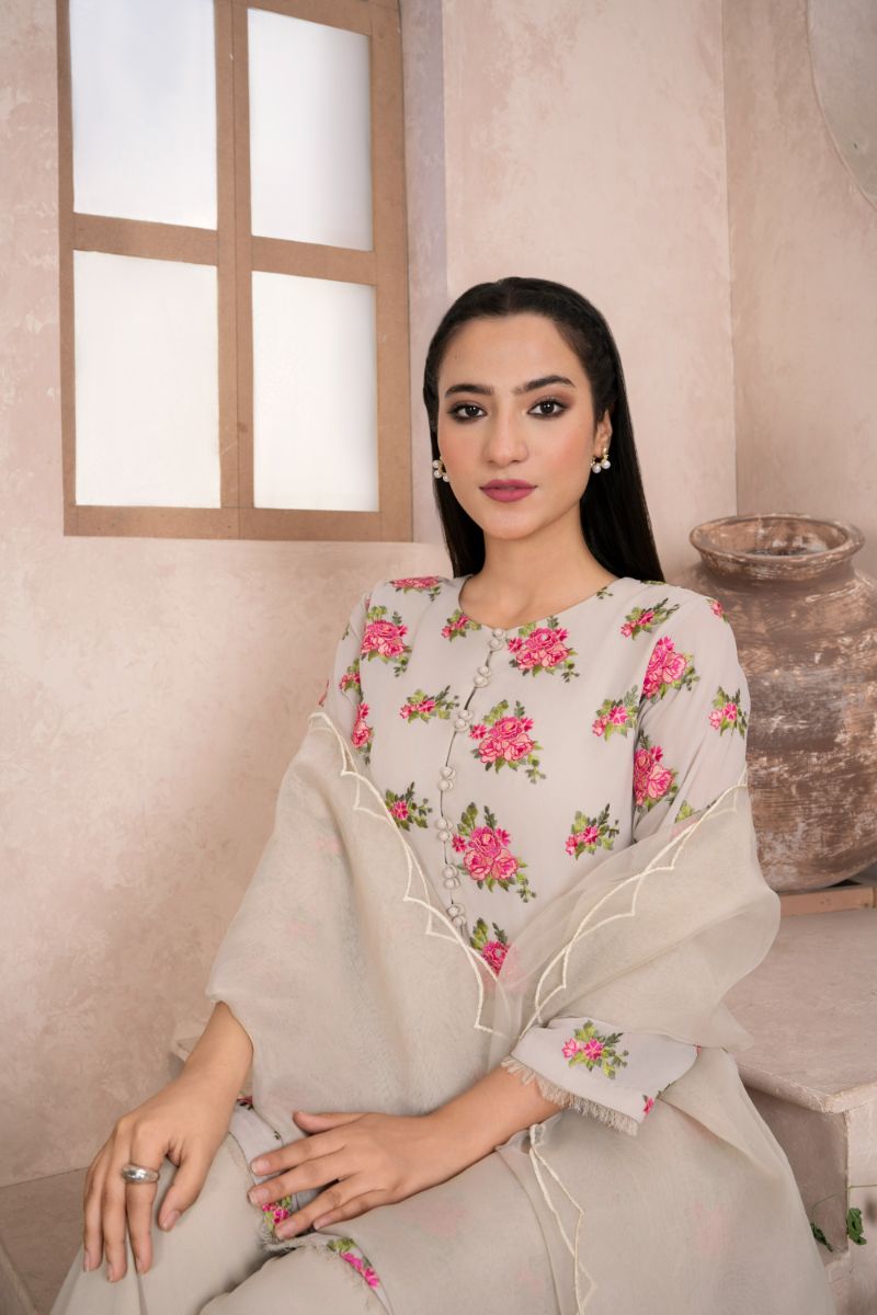 Reema Ahsan - Tahi - Georgette & Organza - Grey - 3 Piece