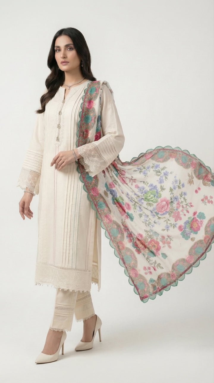 Reema Ahsan - Zima Cora Cotton Suit For Women - Ivory - 3 Piece