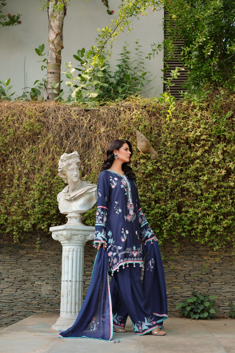 Reema Ahsan - Ria - Khadi Silk - Navy Blue - 3 Piece