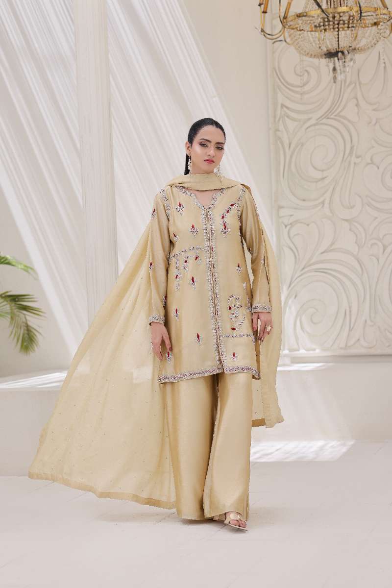 Rubys Couture - Maha Gul Shesha Silk Suit For Women - Gold - 3 Piece