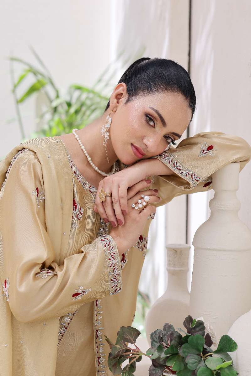 Rubys Couture - Maha Gul Shesha Silk Suit For Women - Gold - 3 Piece