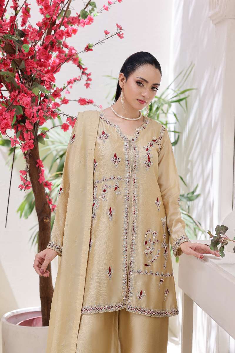 Rubys Couture - Maha Gul Shesha Silk Suit For Women - Gold - 3 Piece