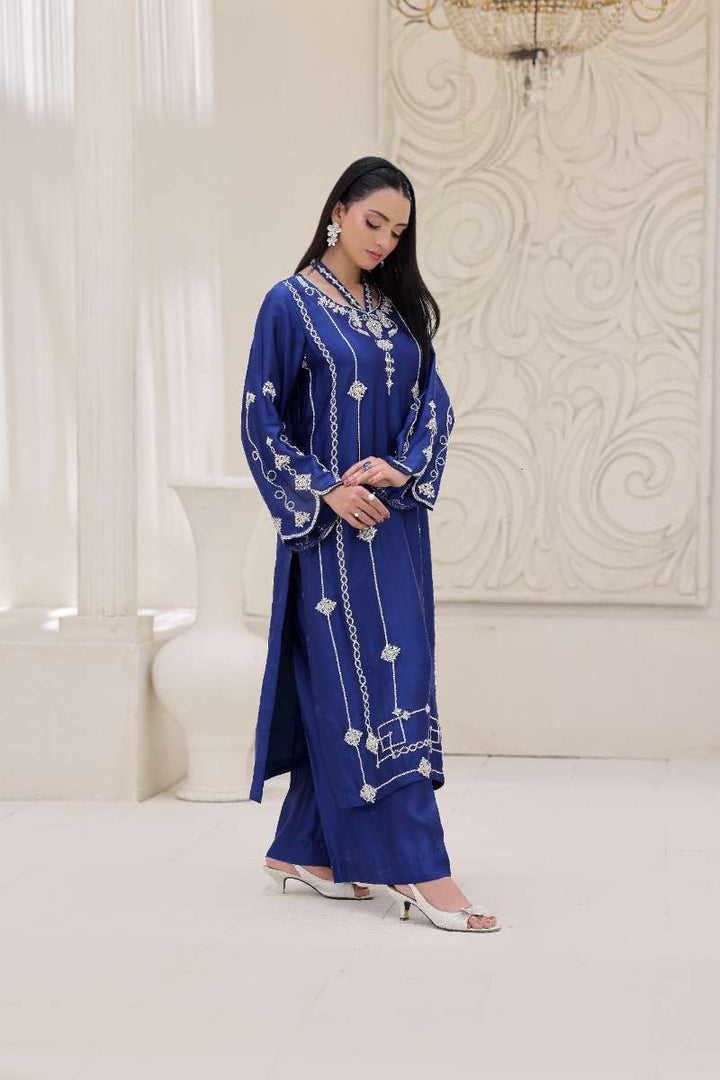 Rubys Couture - Mehwar Shesha Silk Suit For Women - Royal Blue - 3 Piece