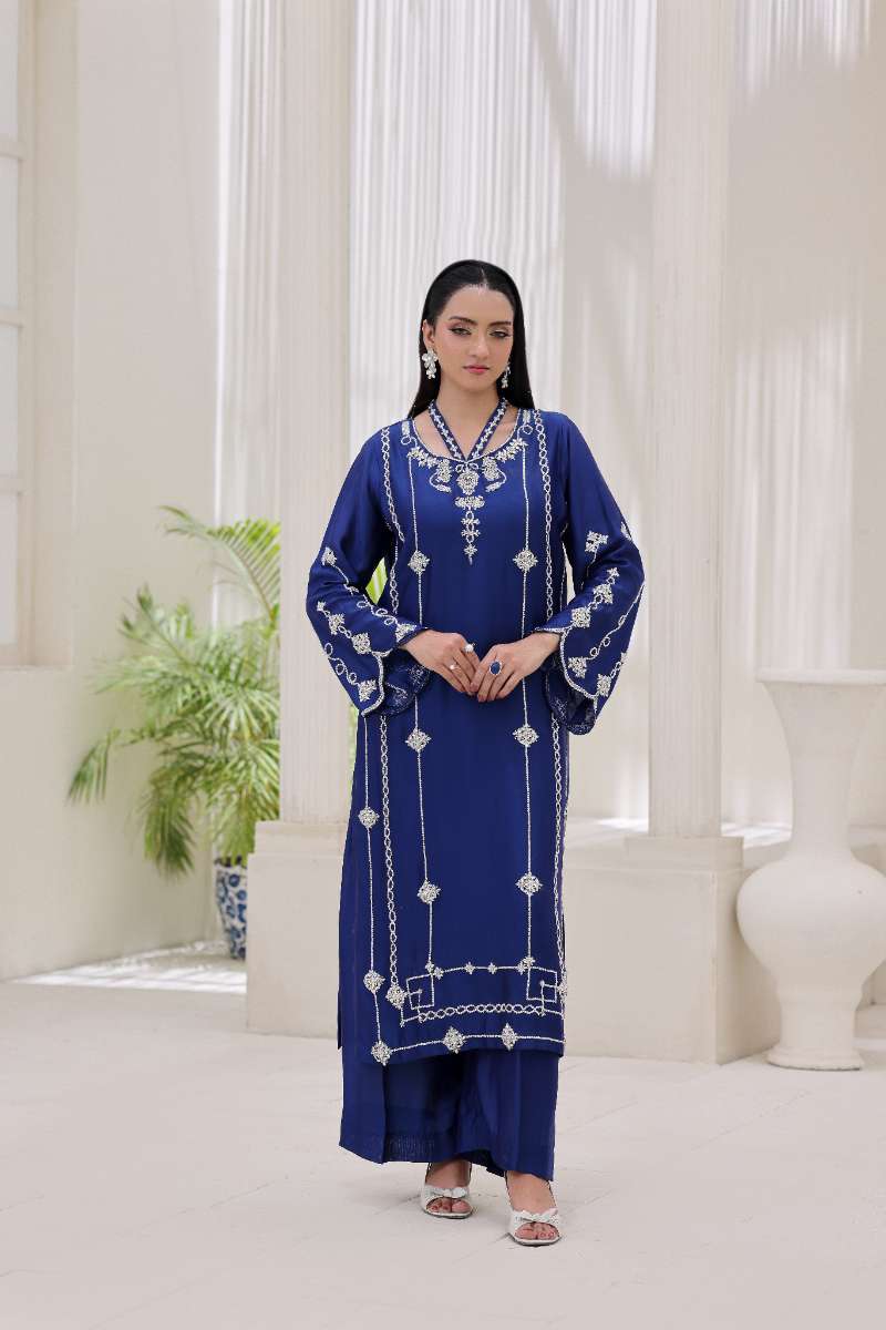 Rubys Couture - Mehwar Shesha Silk Suit For Women - Royal Blue - 3 Piece