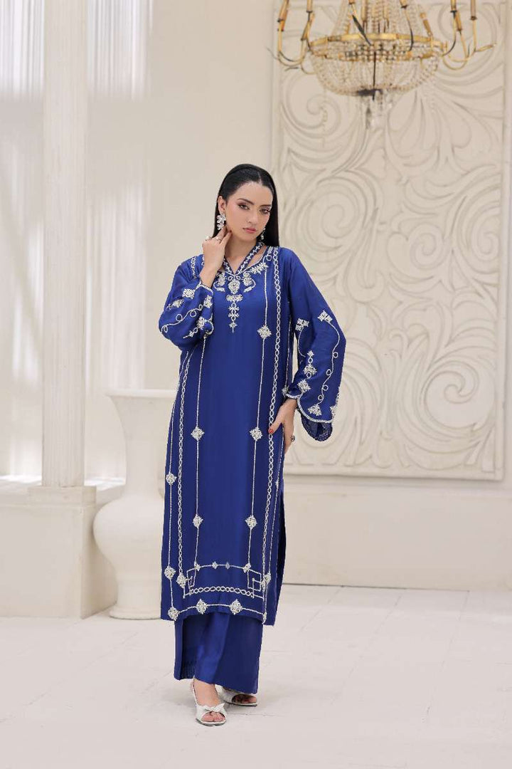 Rubys Couture - Mehwar Shesha Silk Suit For Women - Royal Blue - 3 Piece