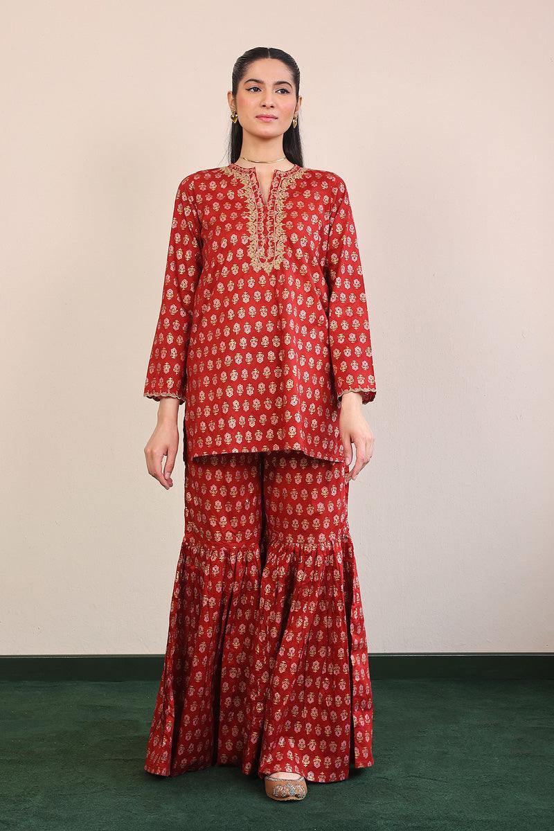Generation - Sunehri Gharara Set - Maroon - Lawn - 2 Piece