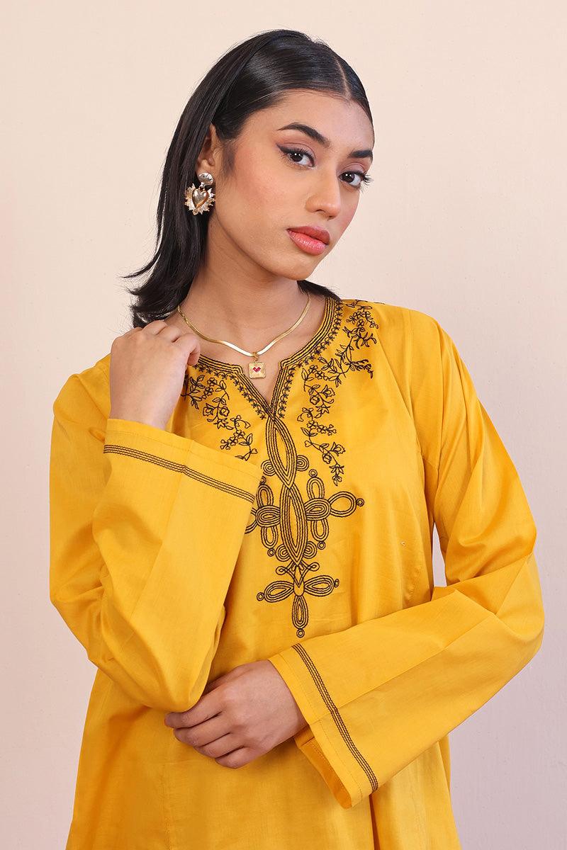 Generation - Gul Meena Sunshine Kurti - Mustard Black - Lawn - 1 Piece